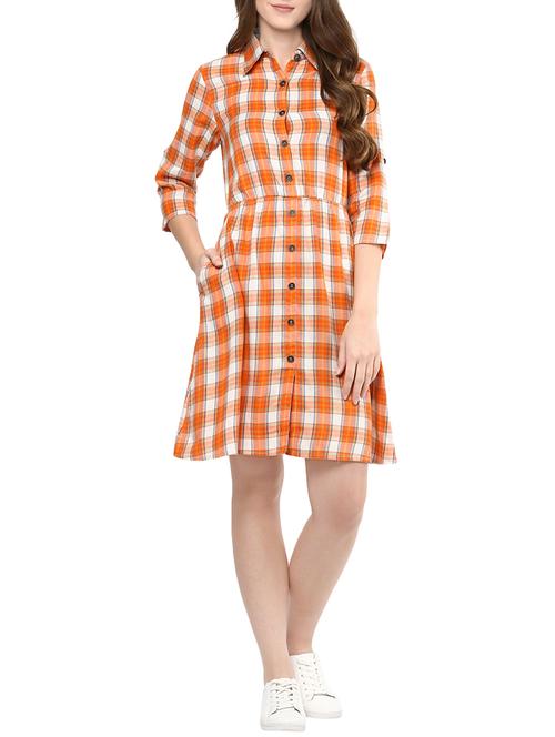 orange gingham check shirt dress - 13950125 - Very Small Image - 1