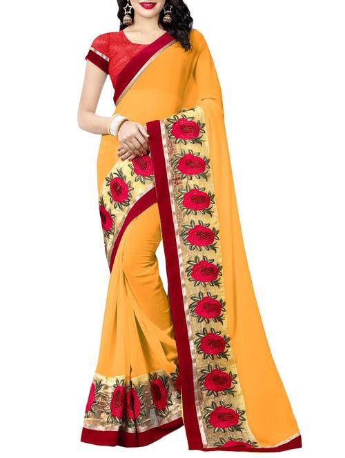 yellow georgette bordered saree with blouse - 13950416 - Very Small Image - 1