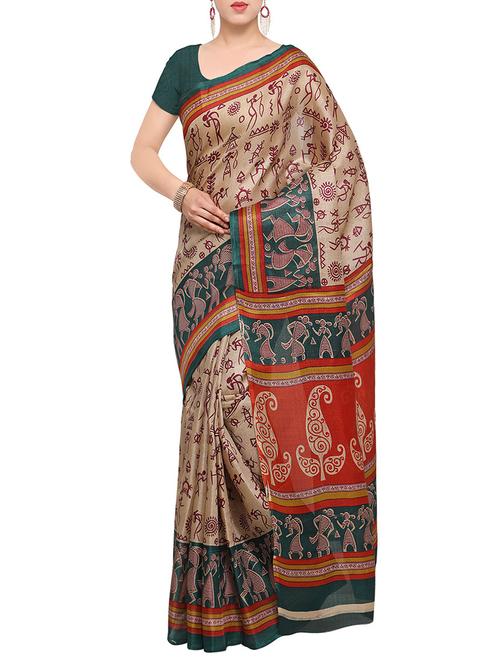 beige art silk printed saree with blouse - 13950785 - Very Small Image - 1