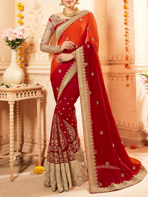 red embroidered georgette saree with blouse - 13953299 - Very Small Image - 1