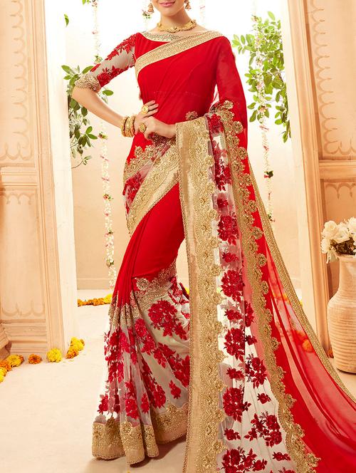 red embroidered georgette saree with blouse - 13953301 - Very Small Image - 1