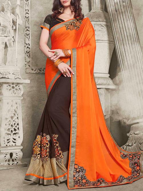 orange and brown half and half georgette saree with blouse - 13953310 - Very Small Image - 1