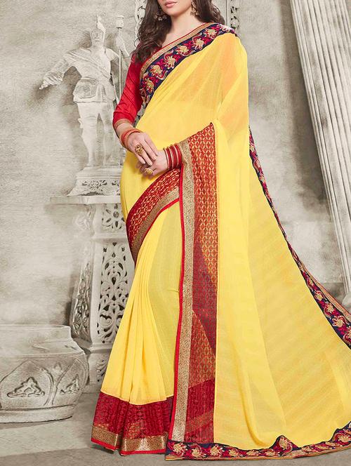 yellow bordered chiffon saree with blouse - 13953319 - Very Small Image - 1