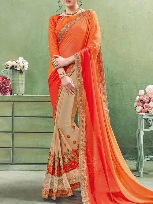 orange and beige half and half saree with blouse - 13953328 - Very Small Image - 1
