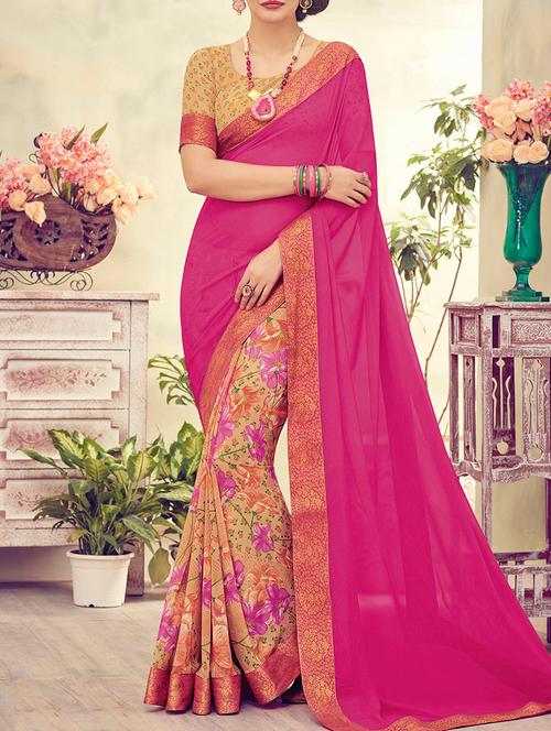 magenta and beige half and half georgette saree with blouse - 13953344 - Very Small Image - 1