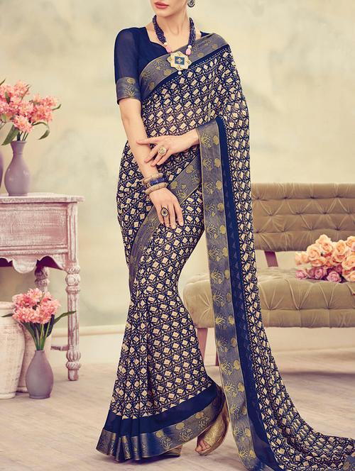 blue printed georgette saree with blouse - 13953357 - Very Small Image - 1