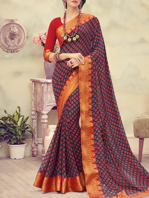 blue printed georgette saree with blouse - 13953362 - Very Small Image - 1