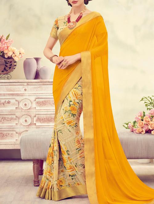 yellow and beige half and half georgette saree with blouse - 13953366 - Very Small Image - 1