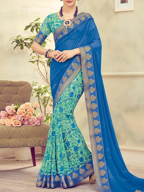 blue and green half and half georgette saree with blouse - 13953368 - Very Small Image - 1