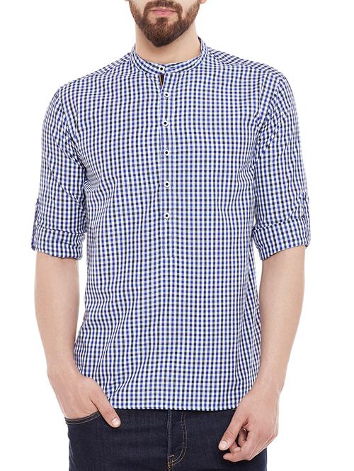 dark blue cotton checked kurta - 13953430 - Very Small Image - 1