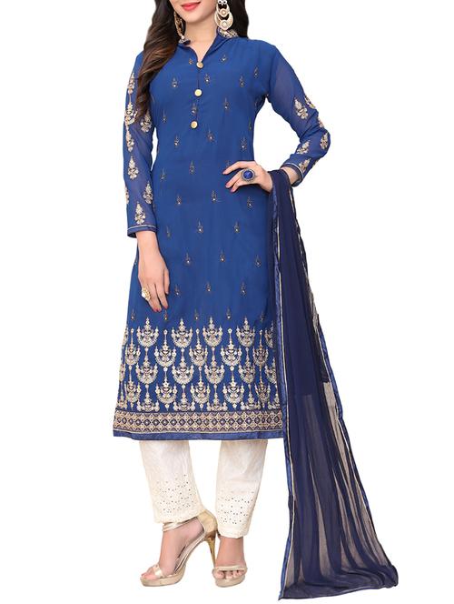 blue semi-stitched churidaar suit - 13957225 - Very Small Image - 1