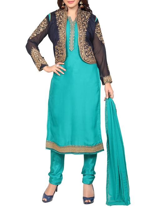 blue semi-stitched churidaar suit - 13957285 - Very Small Image - 1