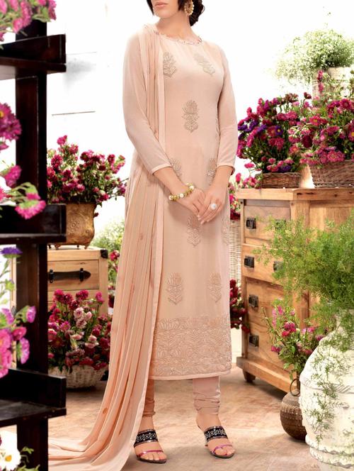 beige georgette unstitched suit - 13957520 - Very Small Image - 1