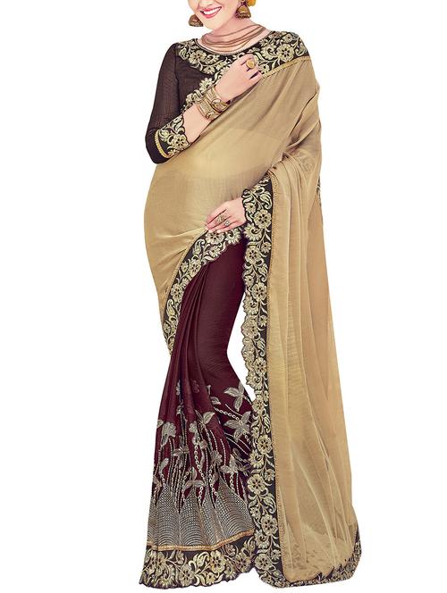 beige & brown georgette embroidered half & half saree with blouse - 13959160 - Very Small Image - 1