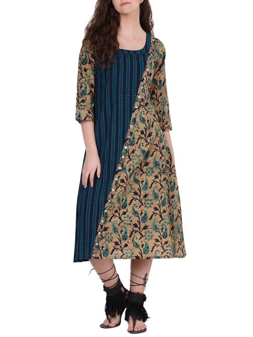 blue printed cotton a-line dress - 13960938 - Very Small Image - 1