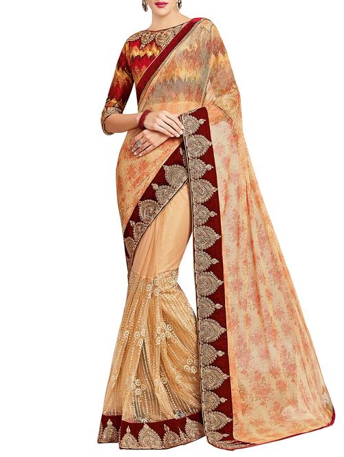 beige net embroidered saree with blouse - 13964941 - Very Small Image - 1