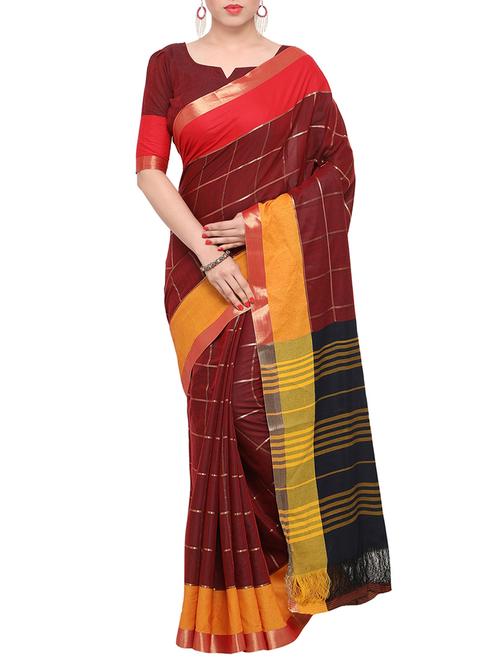 maroon cotton blend woven saree with blouse - 13965592 - Very Small Image - 1