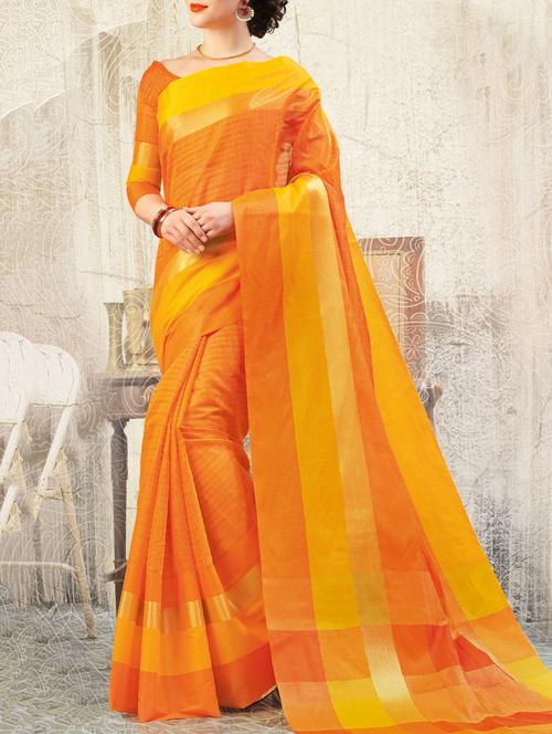 orange cotton blend woven saree with blouse - 13965594 - Very Small Image - 1