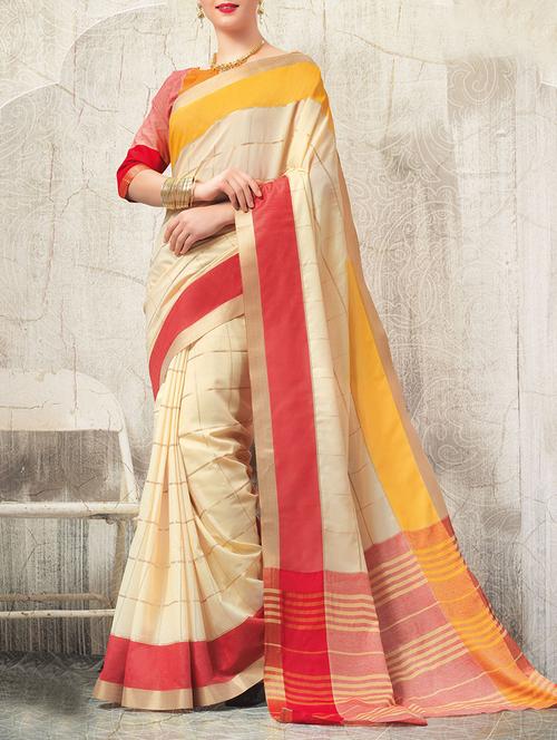 white cotton blend bordered saree with blouse - 13965597 - Very Small Image - 1