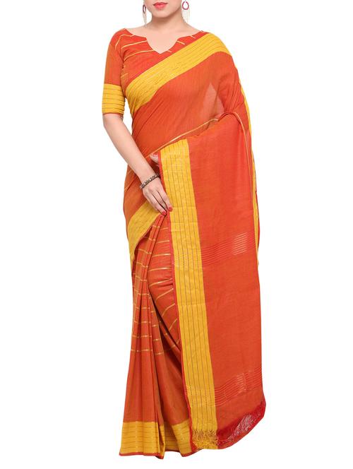 orange cotton blend woven saree with blouse - 13965599 - Very Small Image - 1