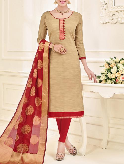 beige cotton blend a-line unstitched suit - 13967837 - Very Small Image - 1