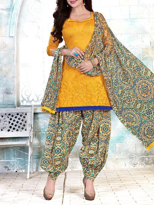 yellow chanderi patiyala unstitched suit - 13967913 - Very Small Image - 1