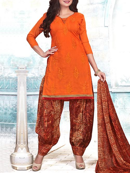 orange chanderi patiyala unstitched suit - 13967918 - Very Small Image - 1