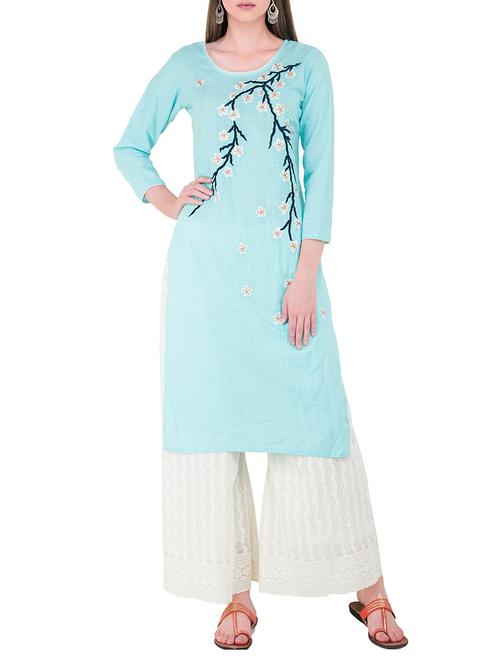 turquoise cotton straight kurta - 13973419 - Very Small Image - 1