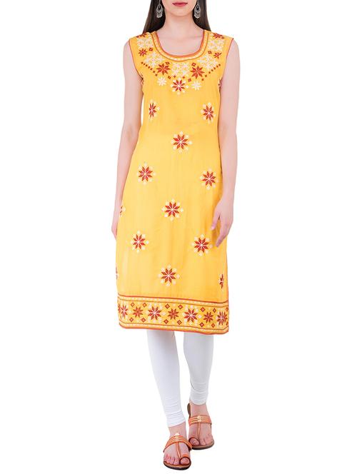 yellow cotton straight kurta - 13973430 - Very Small Image - 1
