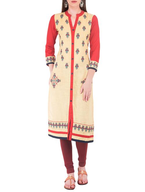 beige cotton straight kurta - 13973437 - Very Small Image - 1
