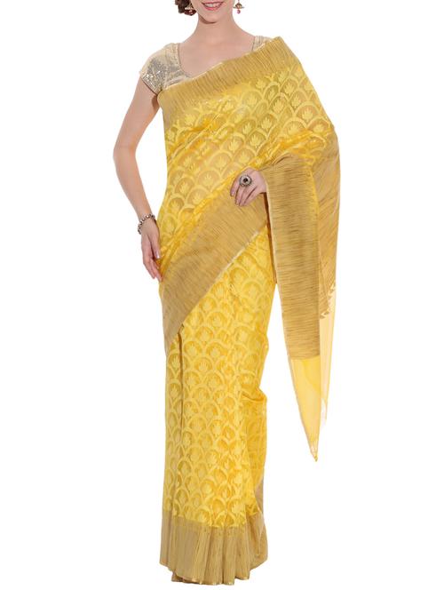 yellow net saree with blouse - 13979352 - Very Small Image - 1