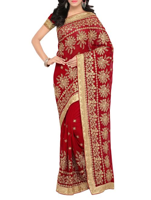 red faux georgette embroidered saree with blouse - 13980046 - Very Small Image - 1