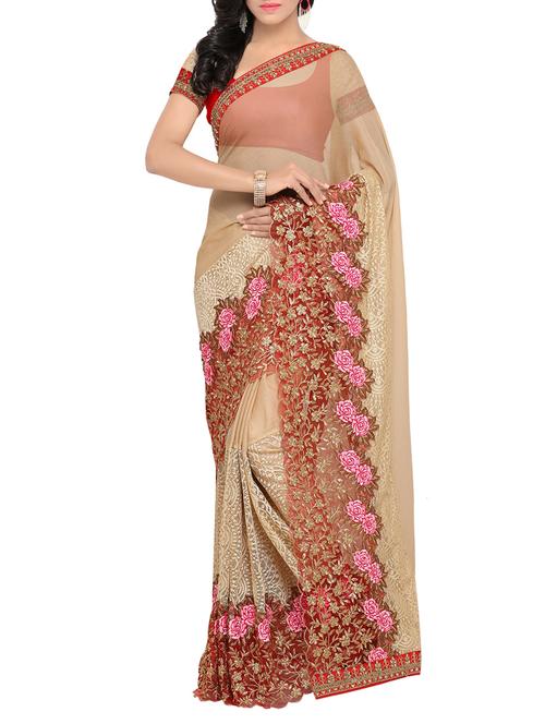 beige chiffon embroidered saree with blouse - 13980056 - Very Small Image - 1