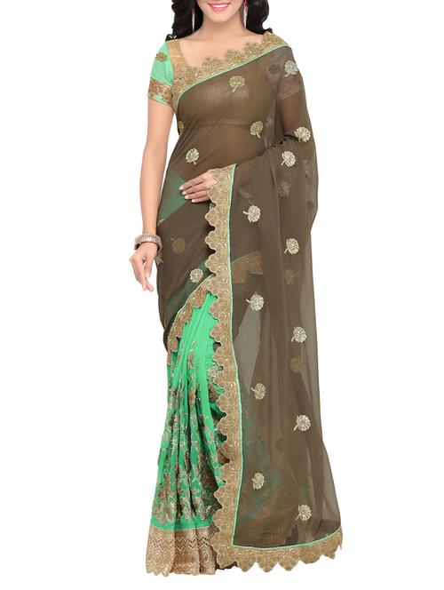 green faux georgette half & half saree with blouse - 13980058 - Very Small Image - 1
