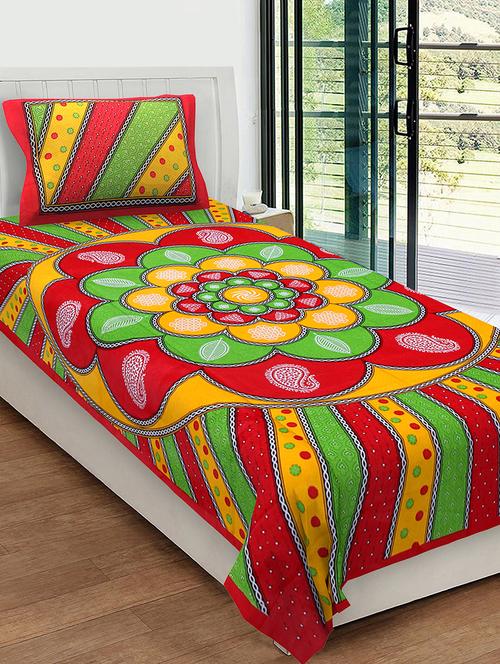 uniqchoice 100% cotton rajasthani traditional single bedsheet with 1 pillow cover - 13981238 - Very Small Image - 1