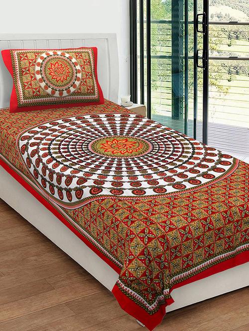 uniqchoice 100% cotton rajasthani traditional single bedsheet with 1 pillow cover - 13981243 - Very Small Image - 1