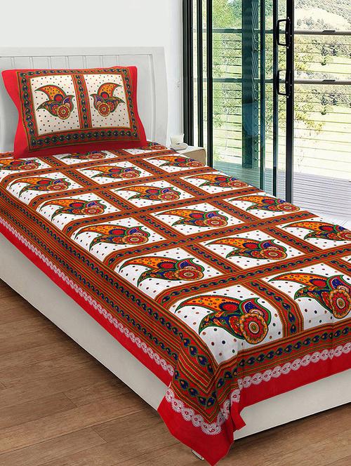 uniqchoice 100% cotton rajasthani traditional single bedsheet with 1 pillow cover - 13981246 - Very Small Image - 1