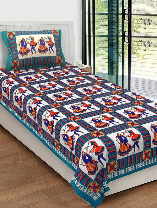 uniqchoice 100% cotton rajasthani traditional single bedsheet with 1 pillow cover - 13981249 - Very Small Image - 1