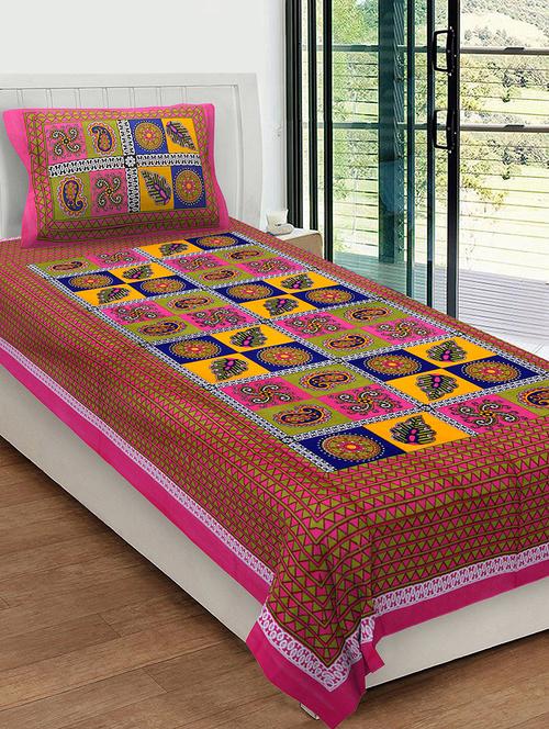 uniqchoice 100% cotton rajasthani traditional single bedsheet with 1 pillow cover - 13981257 - Very Small Image - 1