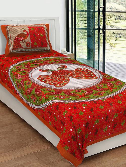uniqchoice 100% cotton rajasthani traditional single bedsheet with 1 pillow cover - 13981260 - Very Small Image - 1