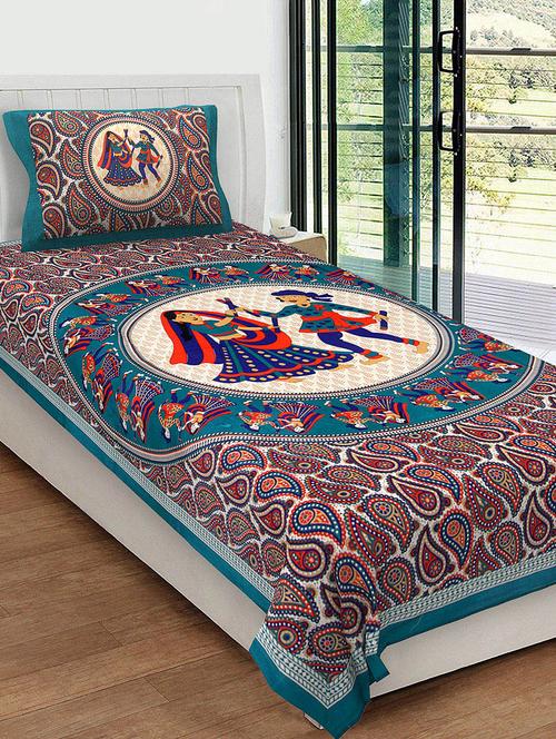 uniqchoice 100% cotton rajasthani traditional single bedsheet with 1 pillow cover - 13981261 - Very Small Image - 1