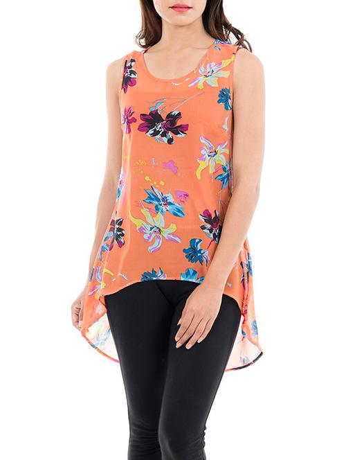 orange floral printed poly georgette asymmetric top - 13984505 - Very Small Image - 1