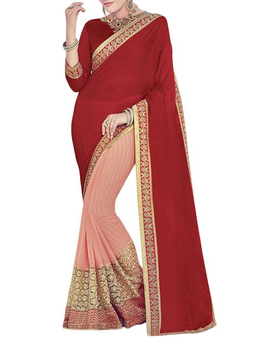 red faux georgette embroidered saree with blouse - 13987722 - Very Small Image - 1