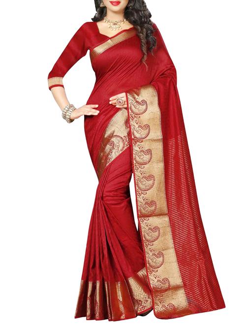 red poly cotton woven saree with blouse - 13989623 - Very Small Image - 1