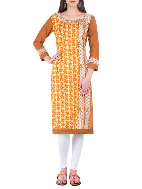 orange rayon printed straight kurta - 13989973 - Very Small Image - 1