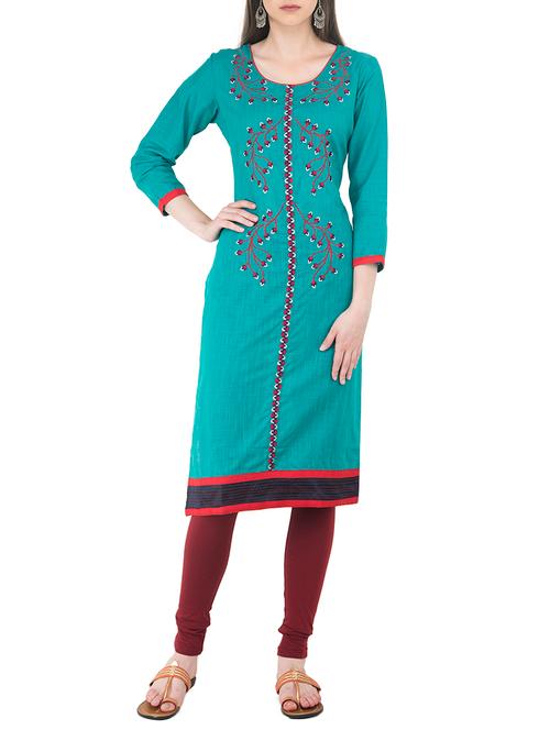 turquoise cotton embroidered straight kurta - 13989975 - Very Small Image - 1