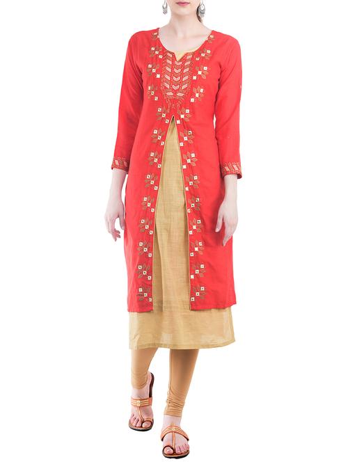 orange cotton embroidered straight kurta - 13989977 - Very Small Image - 1