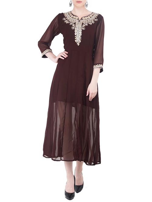 brown poly georgette embroidered anarkali kurta - 13989981 - Very Small Image - 1