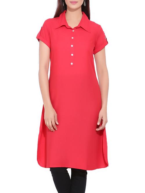 coral red rayon shirt collar kurta - 13990751 - Very Small Image - 1