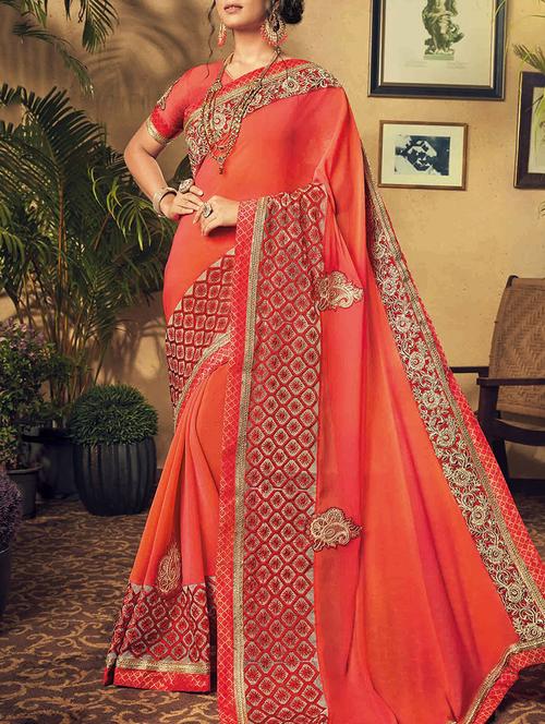 orange georgette embroidered saree with blouse - 13992744 - Very Small Image - 1